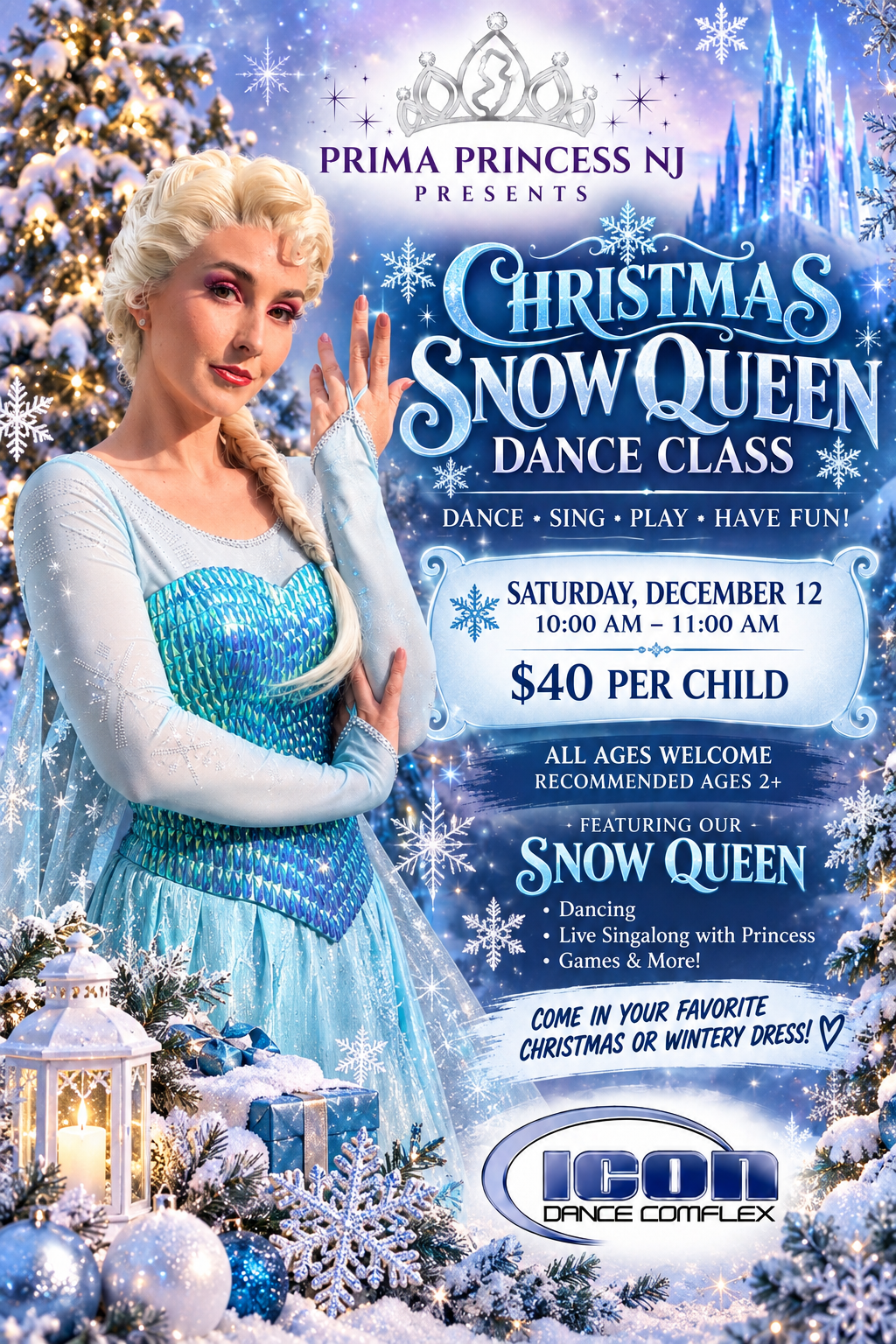Prima Princess NJ Christmas Snow Queen Dance Class flyer: December 12, 10–11 AM, $40 per child