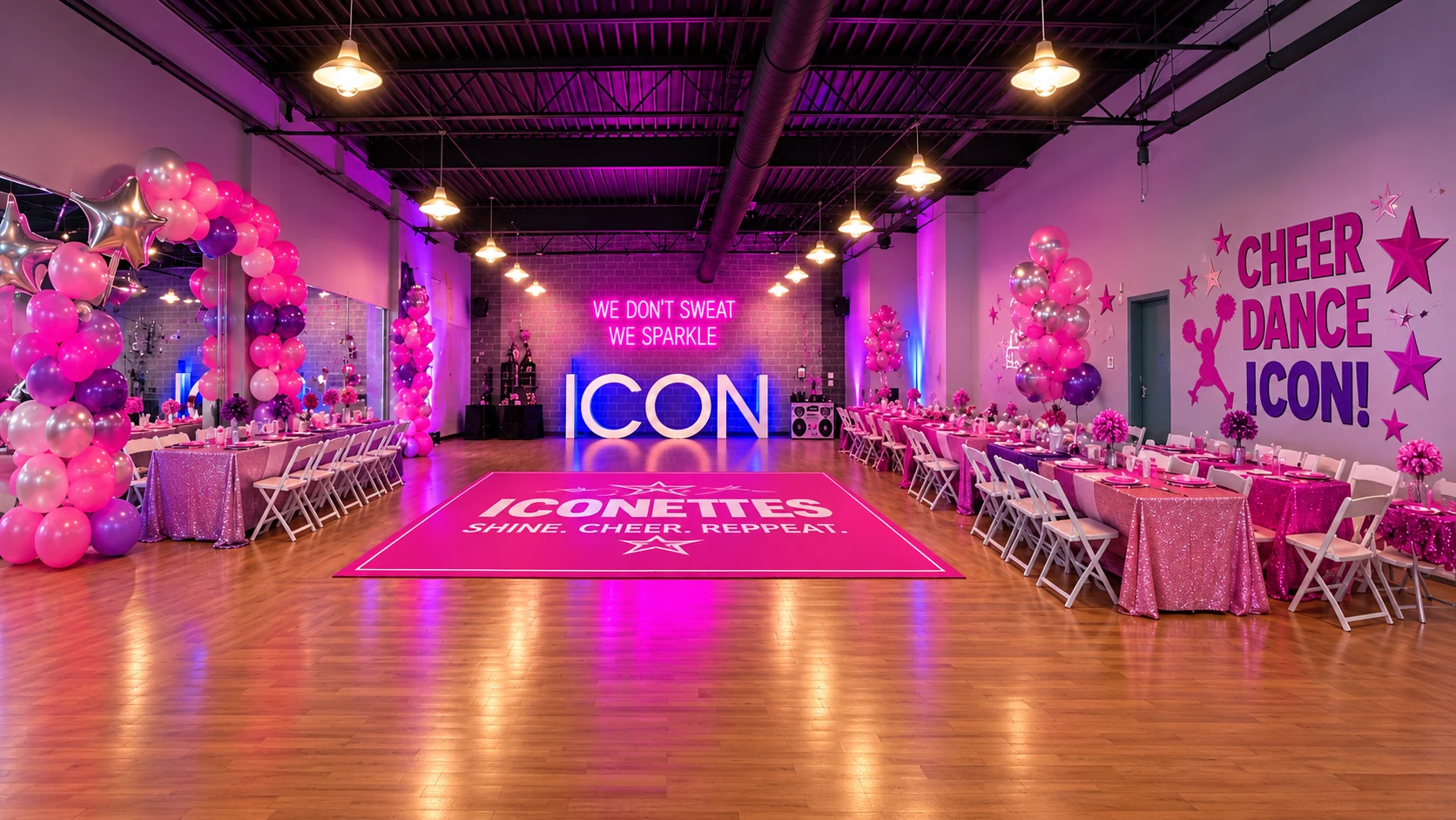 Cheer Funk setup in the same ICON studio: pink, purple and silver balloons, bright table settings and an open central dance floor.