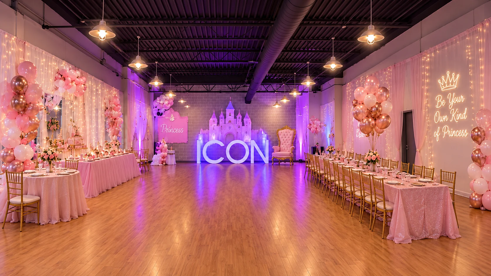 Royal Celebration setup in the ICON studio: soft pink and gold tables, twinkling lights, a castle backdrop and a throne beside the ICON letters.