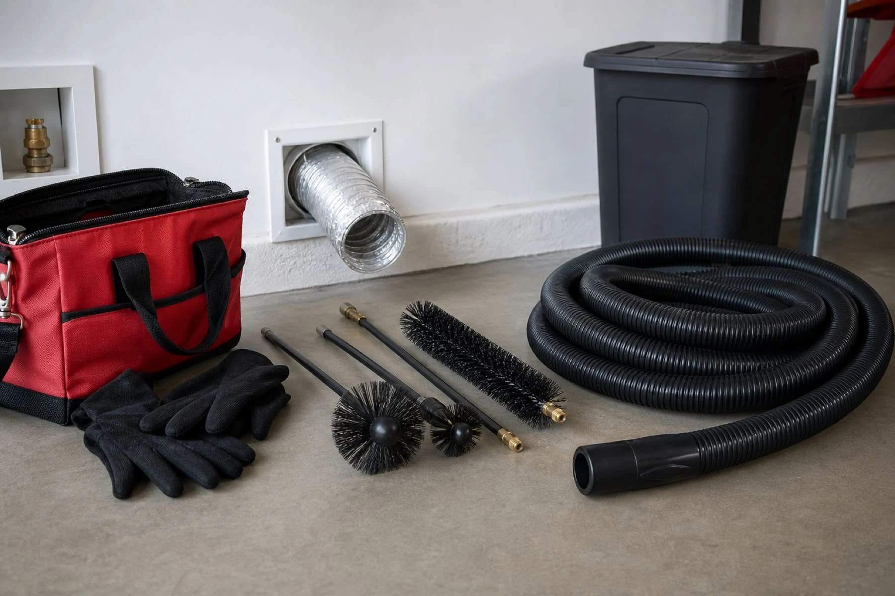 Illustrative view of dryer vent connections and cleaning tools