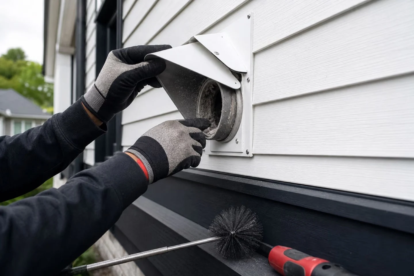 Illustration of an exterior dryer vent cover being handled