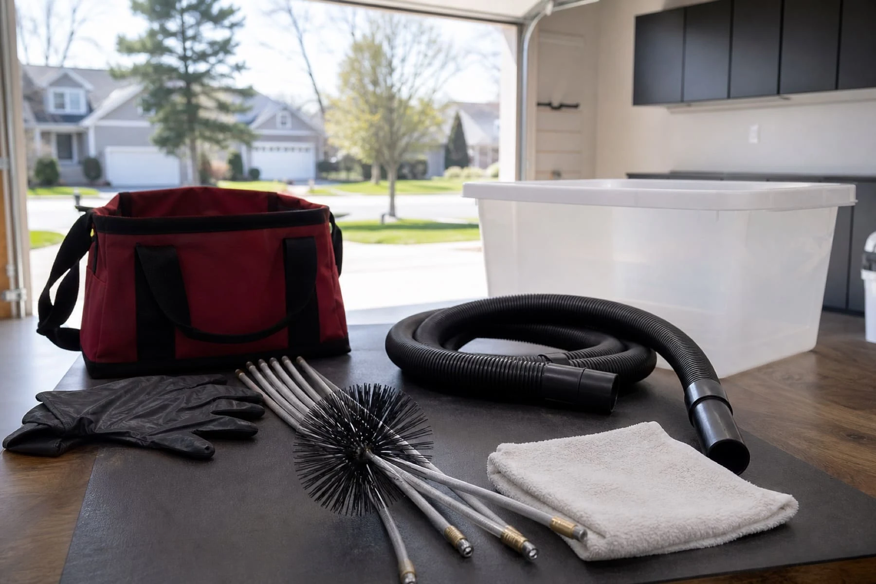 Illustrative dryer-vent maintenance tools prepared for a visit
