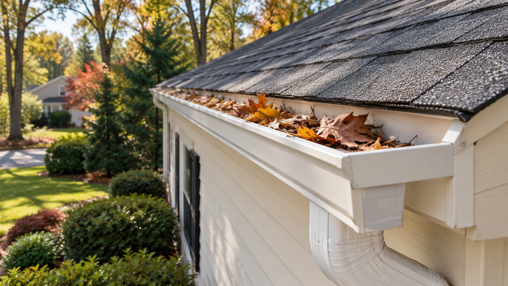 Illustration of leaves collecting in a residential gutter