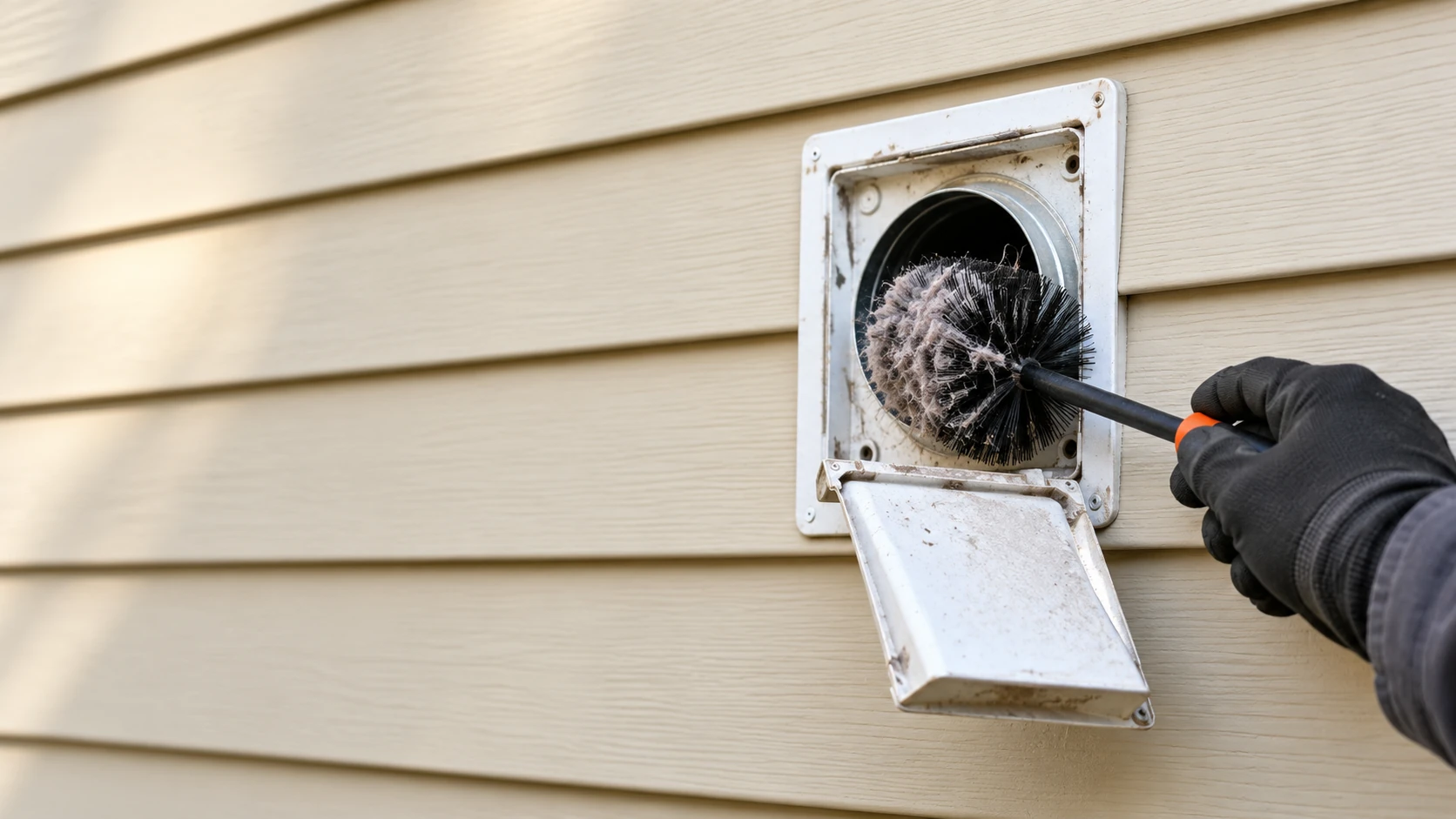 Illustration of lint being cleared at an exterior dryer vent