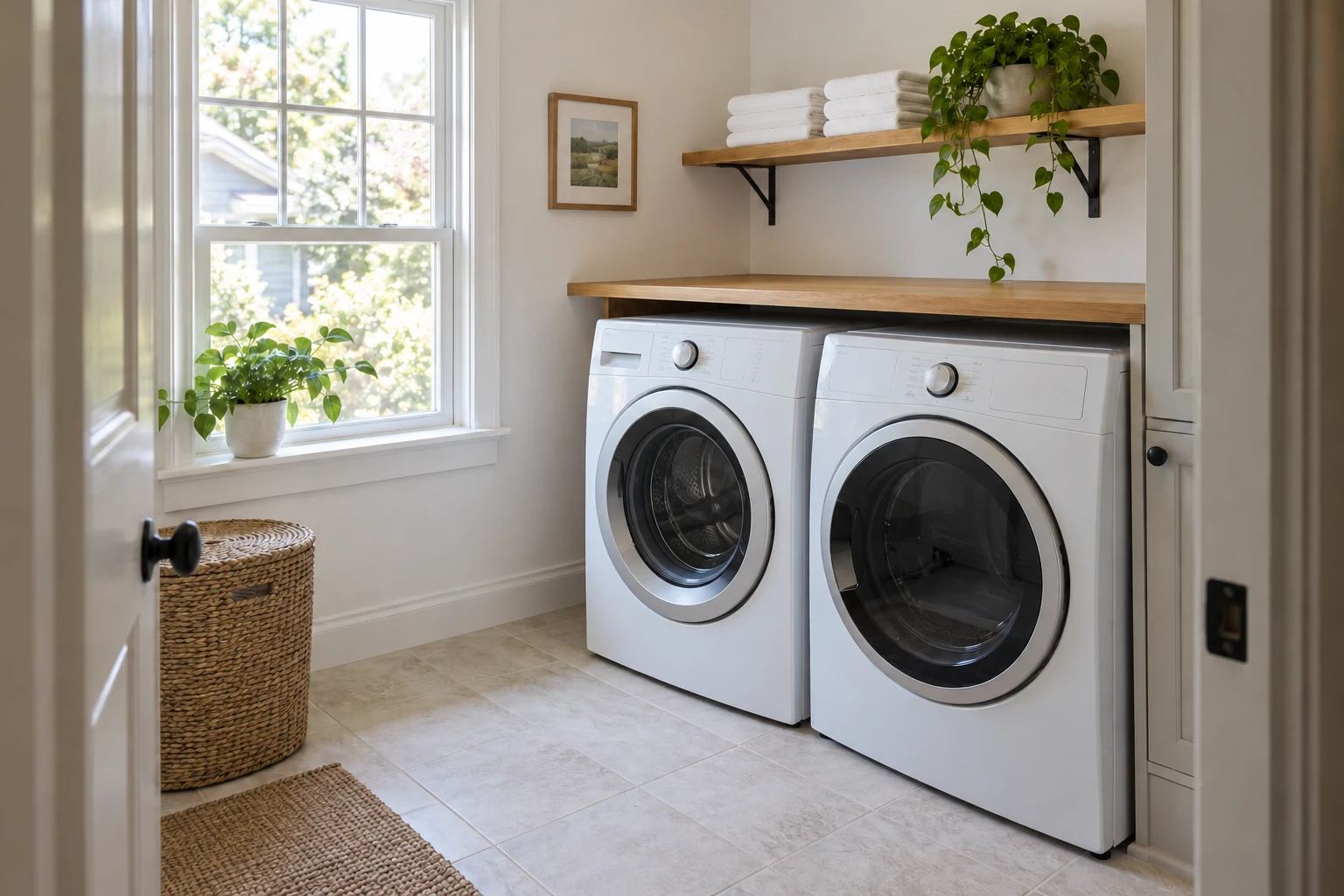 Illustration of a bright, uncluttered laundry room