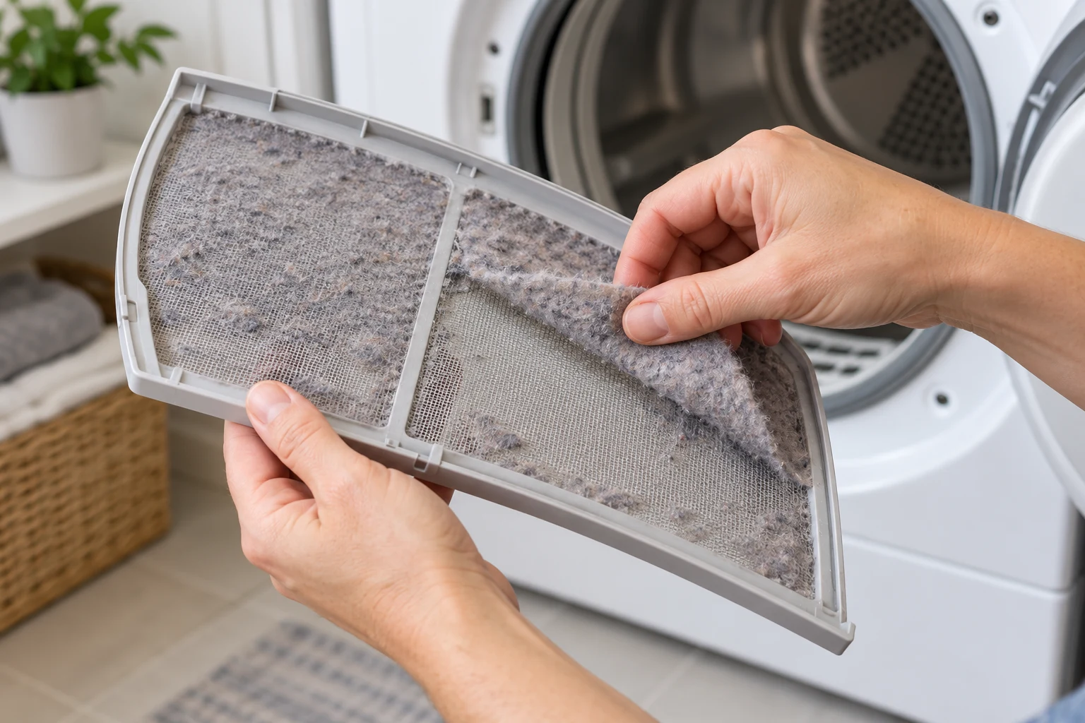 Illustration of hands removing lint from a dryer's removable lint screen
