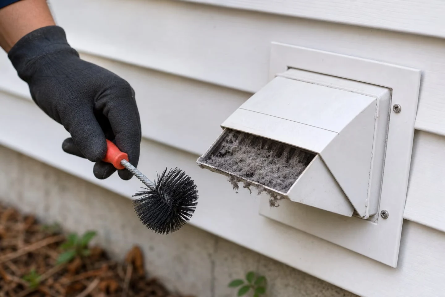Illustration of lint buildup at an exterior dryer vent hood