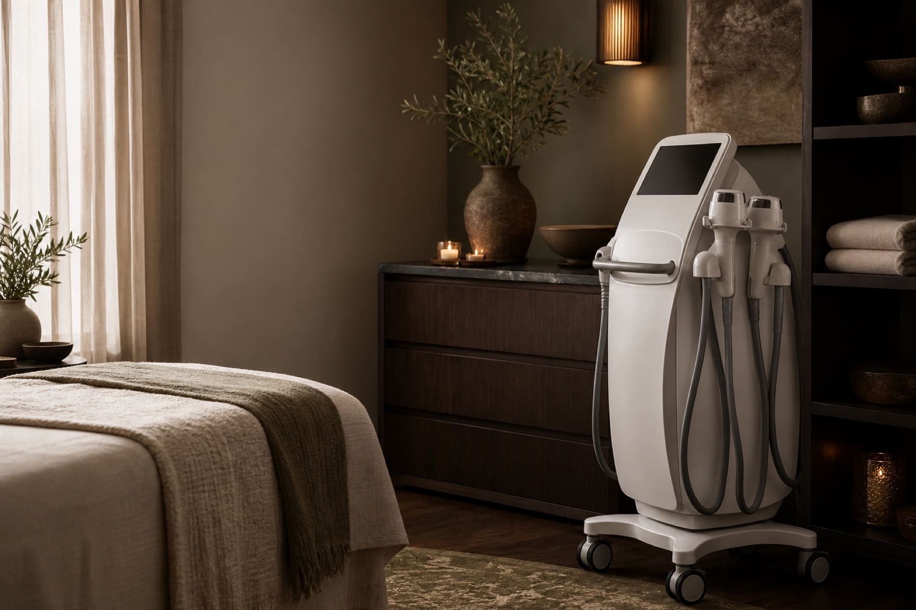 Boutique body sculpting treatment room with a modern device, cream linen, espresso wood, and olive accents.