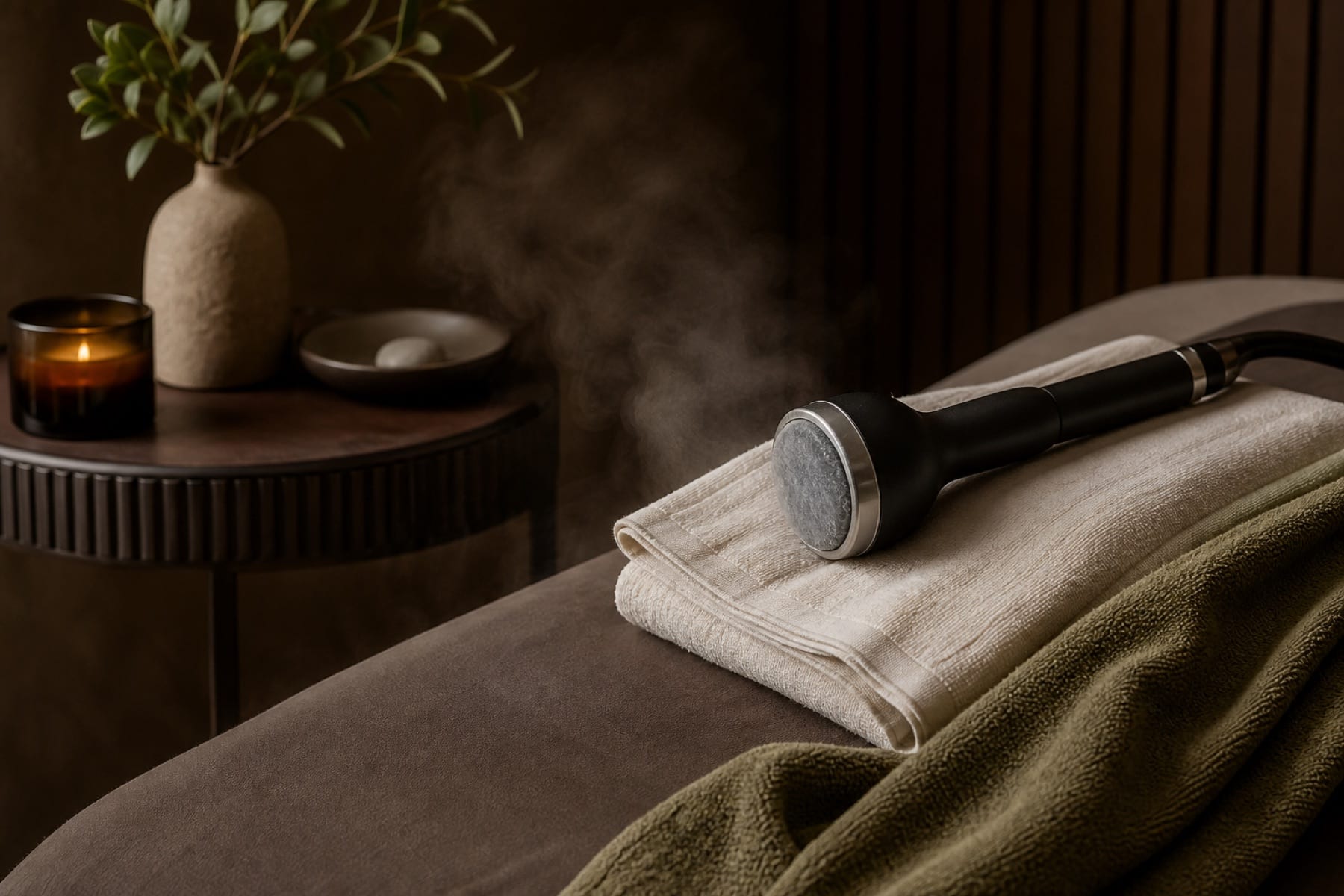 Cryo massage recovery setup with a handheld cooling tool, folded linen, and warm spa tones.