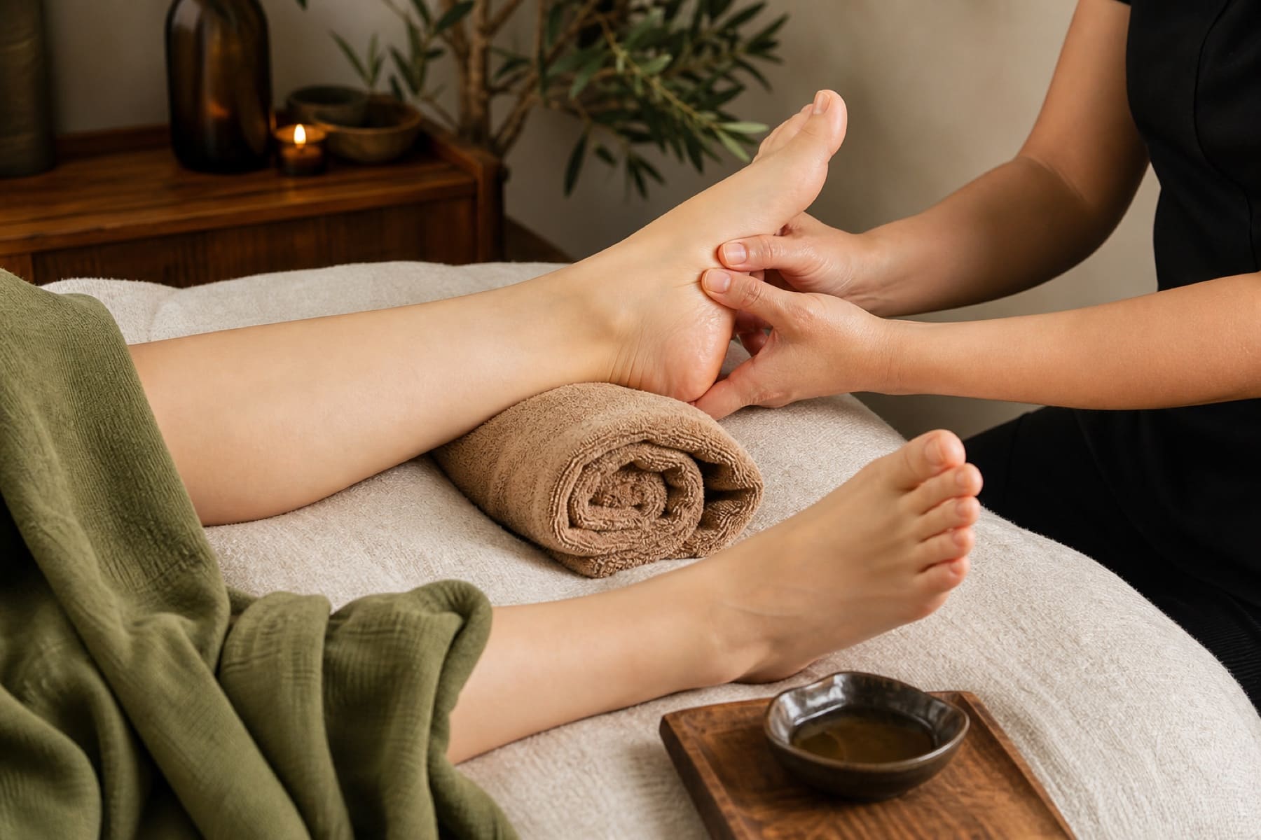 Reflexology foot massage setup with warm towels, cream linen, and espresso wood accents.