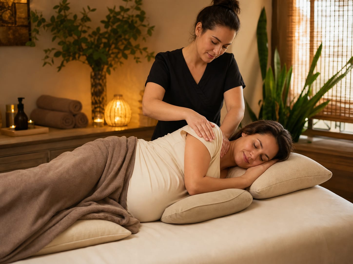 Pregnant woman receiving a supported side-lying prenatal massage in a warm spa room.