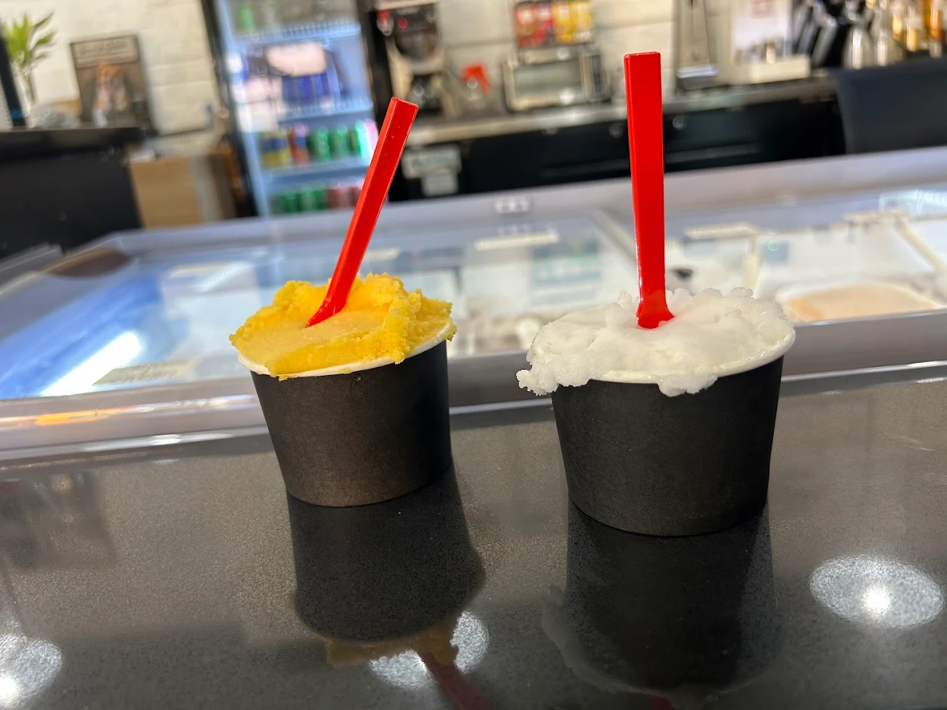 Two cups of gelato at the Java & Gelato counter