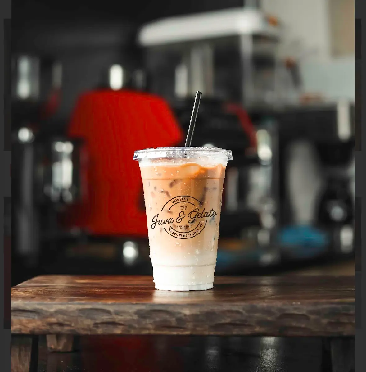 Java & Gelato iced coffee in front of flowers