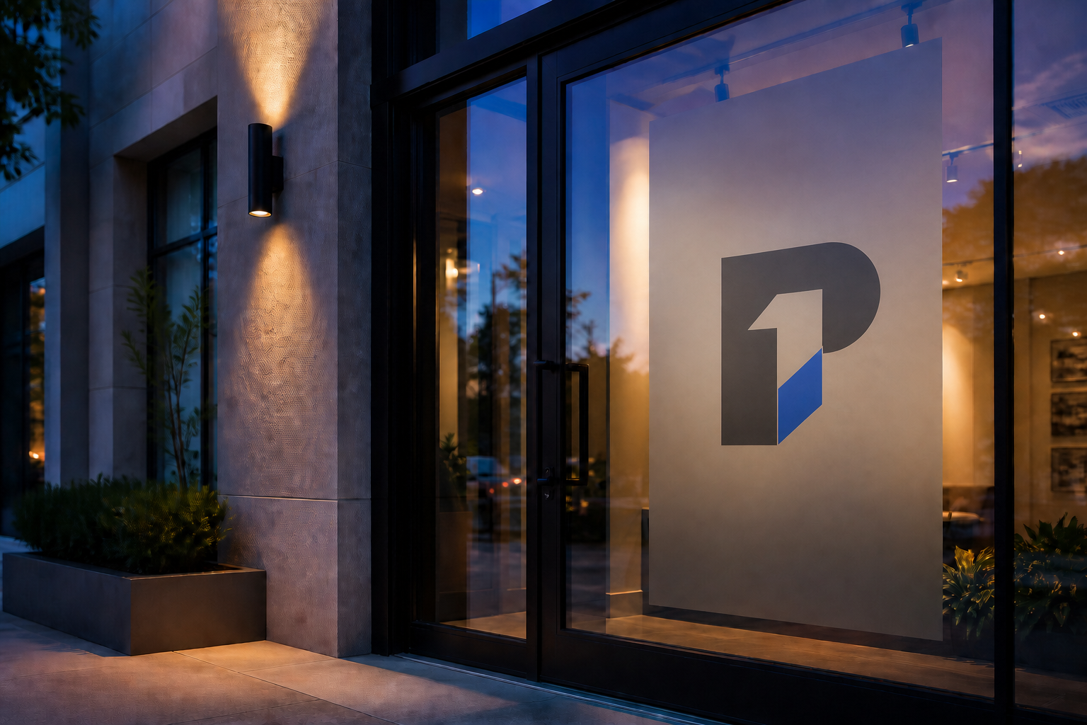 Conceptual Performance One emblem installed on a glass commercial entry