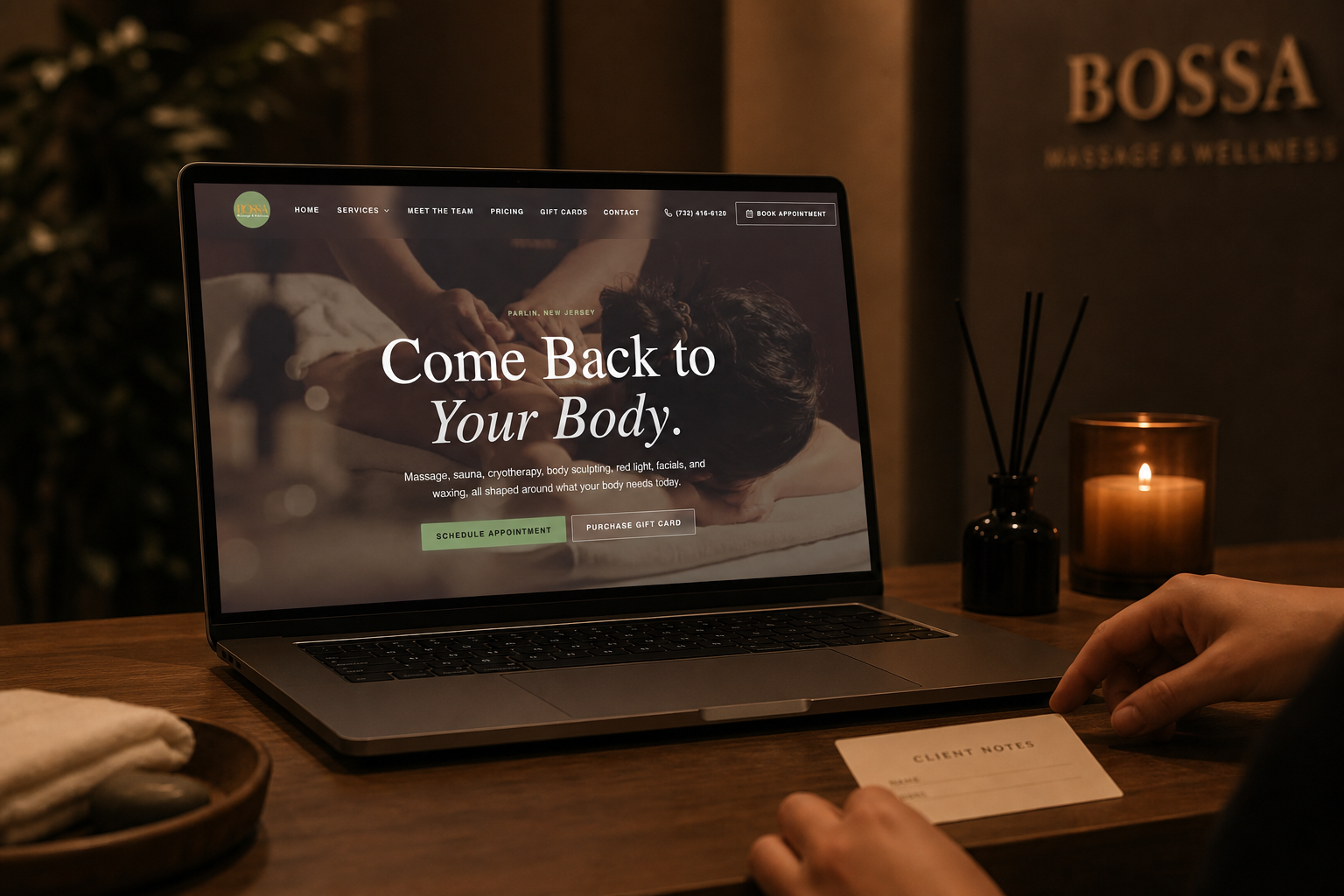 Bossa Massage and Wellness website presented during a client working session
